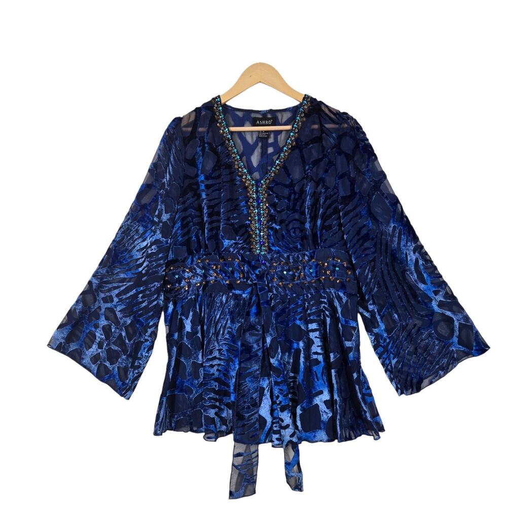 Beaded Burnout Velvet Top 14 Blue Romantic Festival Artsy Embellished Maximalist